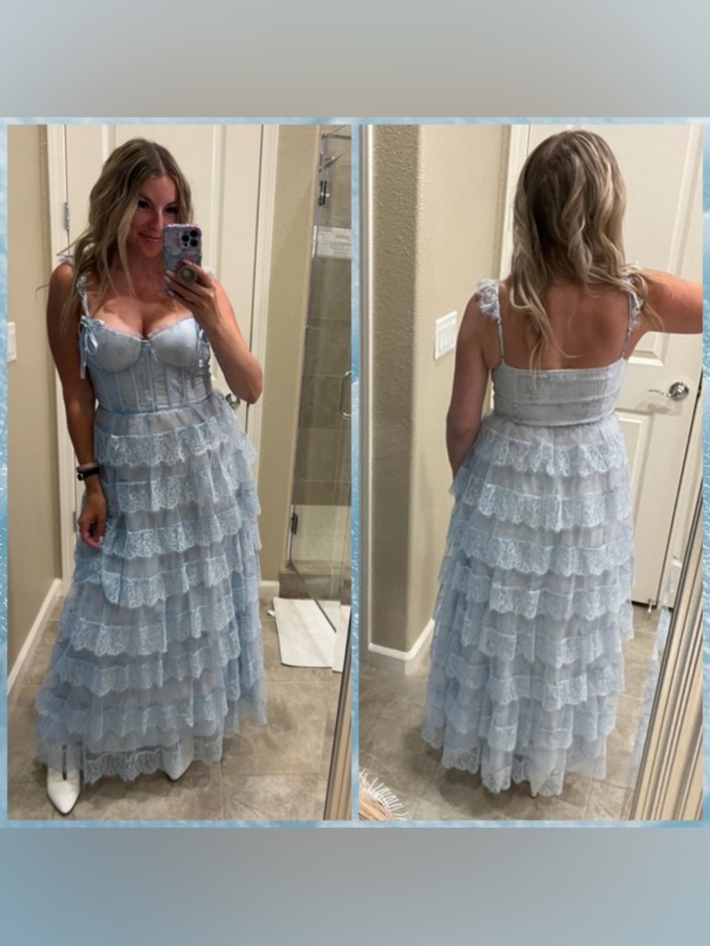 Amy Jane London Adessa Maxi Dress Tiered Corset Lace Blue Small